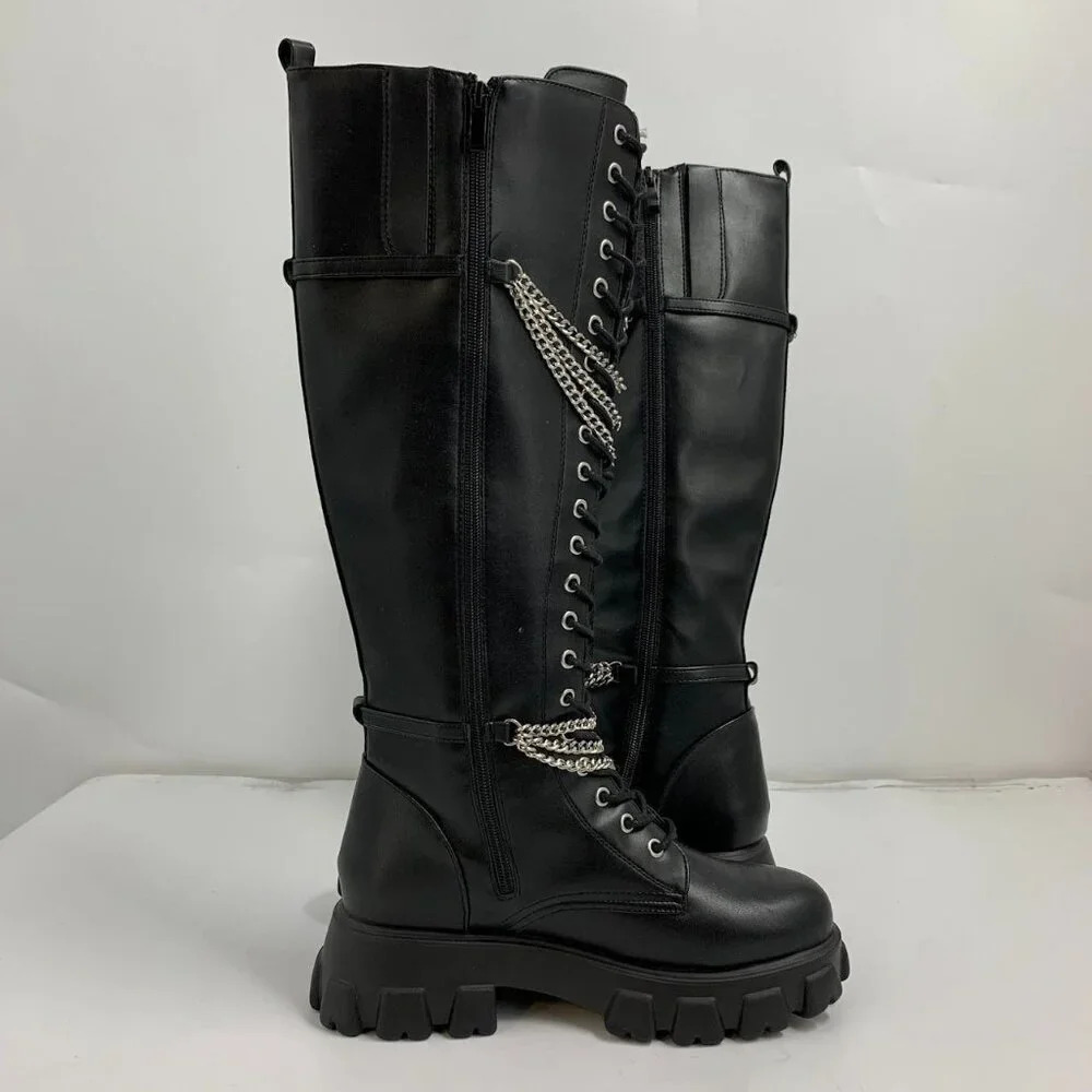 Hot Topic Women’s Black‎ Chains Platform Side Zip Knee-High Boots Size 10 NWOB - Picture 4 of 16